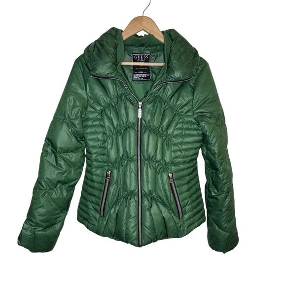 Guess Vintage Women's Kelly Green Zip Front Down Feather Puffer Jacket Sz Large - Picture 1 of 8